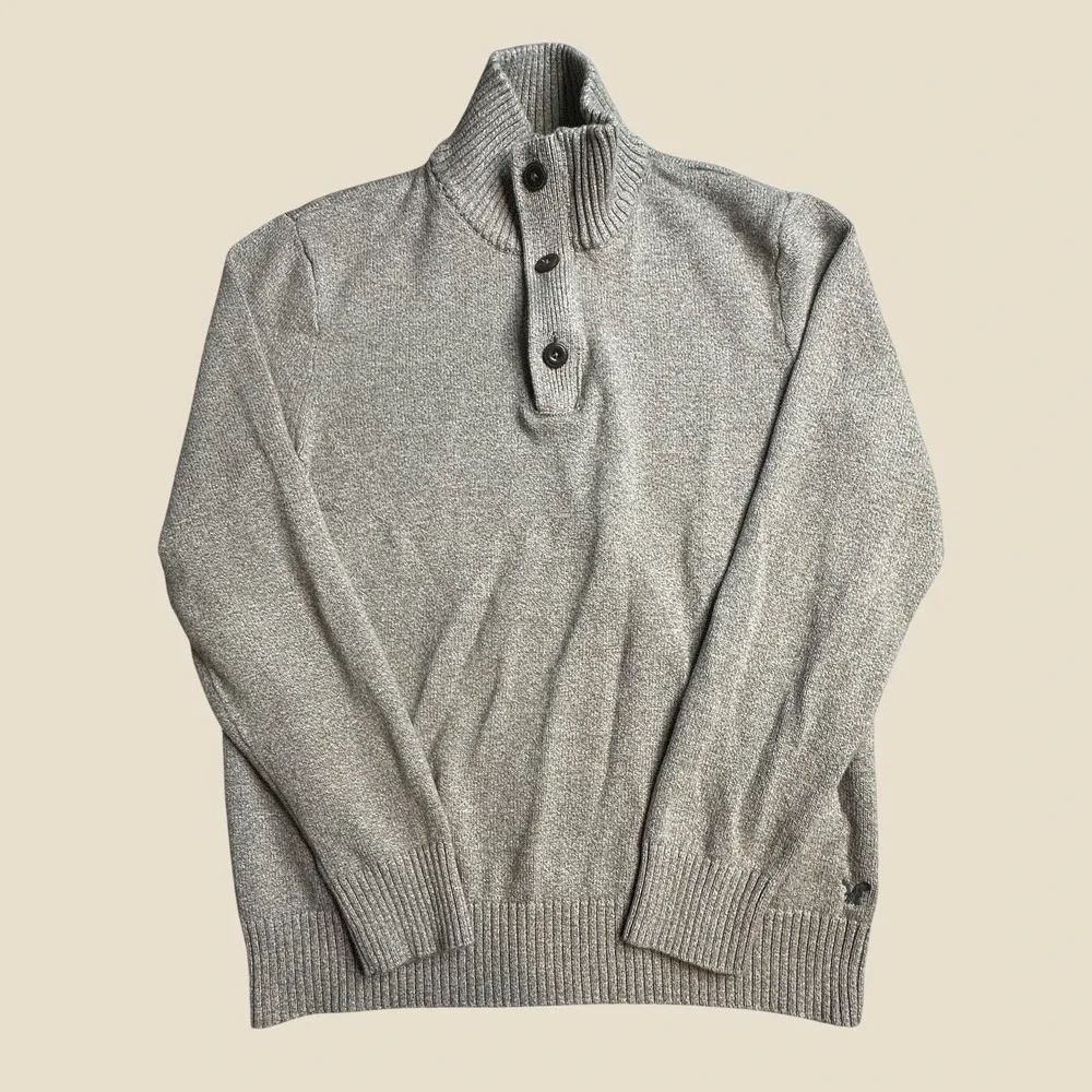 American Eagle Sweater Mens L Athletic Fit Grey Mock Neck Button Zip Pullover